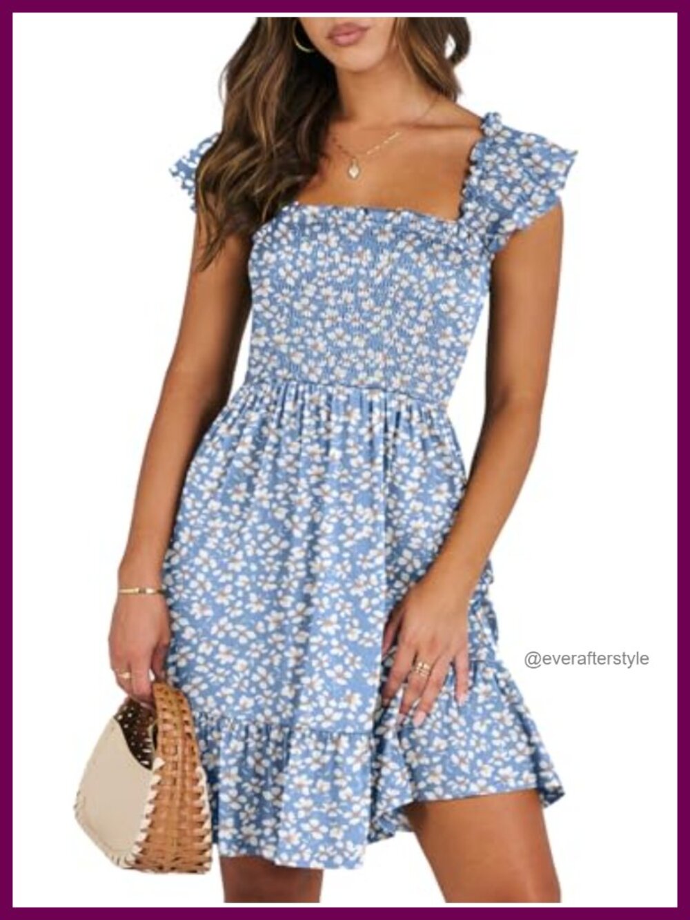 ANRABESS Womens Boho Summer Mini Dress Smocked Ruffle Sleeve Beach Sundress